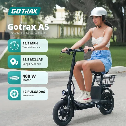 Miniatura 2 de Gotrax Patinete eléctrico A5 con asiento para adultos, neumático de 12 pulgadas, máximo 15.5 millas y 15.5 millas por hora de potencia por motor