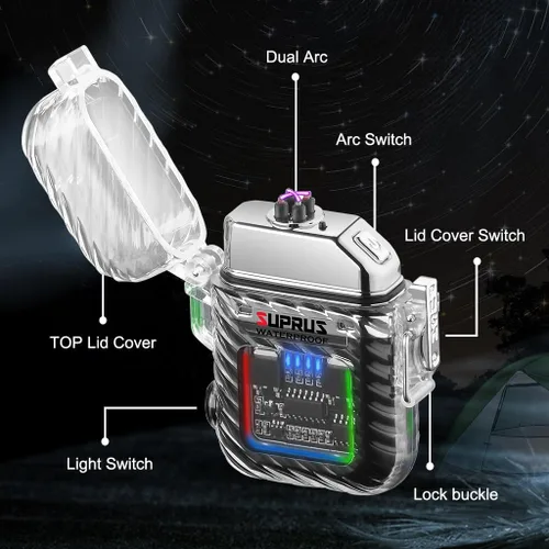 Miniatura 2 de SUPRUS Luminoso 3 modos de linterna resistente al viento, impermeable, encendedor eléctrico recargable de plasma de doble arco con silbato de Negro