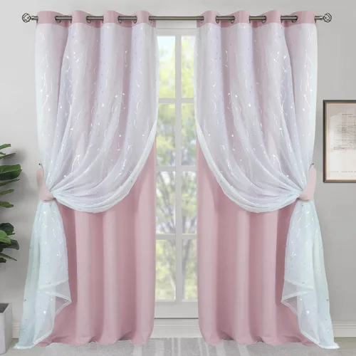 Miniatura 12 de BGment Cortinas de oscurecimiento de habitación con superposición transparente, cortinas de tul estampado plateado de doble capa para sala de estar