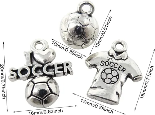 Miniatura 2 de Honbay 60 dijes deportivos de bola de aleación, dijes de fútbol con texto en inglés "I Love Soccer Soccer Jersey", colección de dijes deportivos