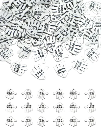 JIALEEY 100 dijes en forma de mano hechos a mano, letreros tallados en tono plateado para hacer joyas de moda, hallazgos, manualidades, costura
