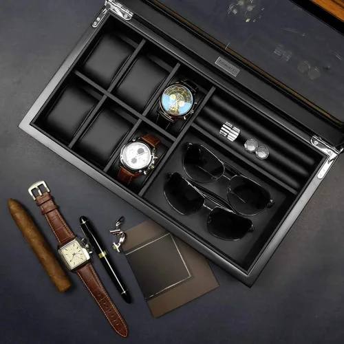 Miniatura 3 de Lifomenz Co Caja de joyería de reloj para hombre con 6 ranuras, 6 fundas de reloj, 8 pares de gemelos y lentes de sol, organizador grande de madera