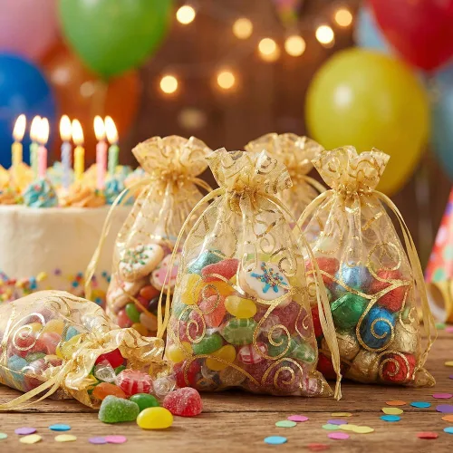 Miniatura 6 de Bolsas de organza doradas, 100 bolsas de organza transparente, bolsa de malla dorada con cordón de 3 x 4 pulgadas, bolsas de regalo impresas