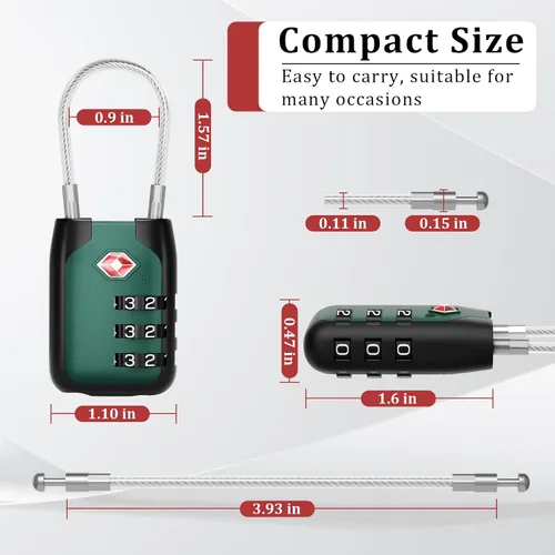 Miniatura 4 de Joyway Candado de equipaje aprobado por la TSA, candado de cable de combinación de 3 dígitos con cuerpo de aleación, cerraduras de combinación