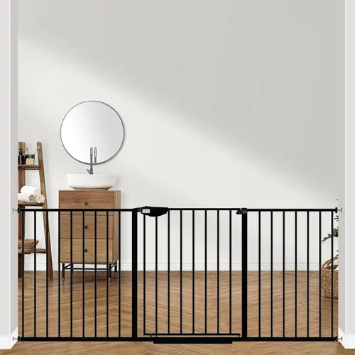Miniatura 8 de ALLAIBB Triple Lock - Puerta extra ancha para bebé, montada a presión, para caminar a través de cierre automático seguro, de metal negro, perro
