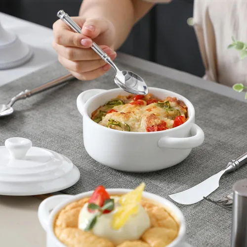 Miniatura 7 de MALACASA Mini Cocotte Set - 14 OZ (aproximadamente 396.89g) Platos pequeños de cazuela con tapas y asas, juego de 4 ollas holandesas mini de Blanco