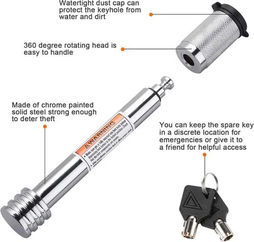 Miniatura 3 de CZC AUTO Cerradura de Enganche de Remolque 5/8" Diá., Pasador de Enganche con Cerradura 4" Súper Extra Largo Recubierto de Cromo con Llaves