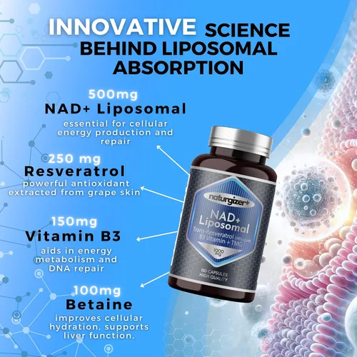 Miniatura 5 de Suplemento liposomal NAD+ con resveratrol, vitamina B3 y TMG Fórmula real NAD Plus, no NMN o NR Potente 4 en 1 saludable envejecimiento y apoyo