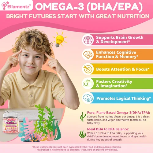 Miniatura 3 de Omega 3 para niños y adolescentes, vitaminas de enfoque para niños con melena de león, súper verdes, luteína, metil B12 B9, para enfoque cerebral