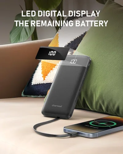 Miniatura 7 de Charmast Cargador portátil con cables incorporados, batería externa delgada de 10,000 mAh, cargador externo de alta velocidad con puerto USB C