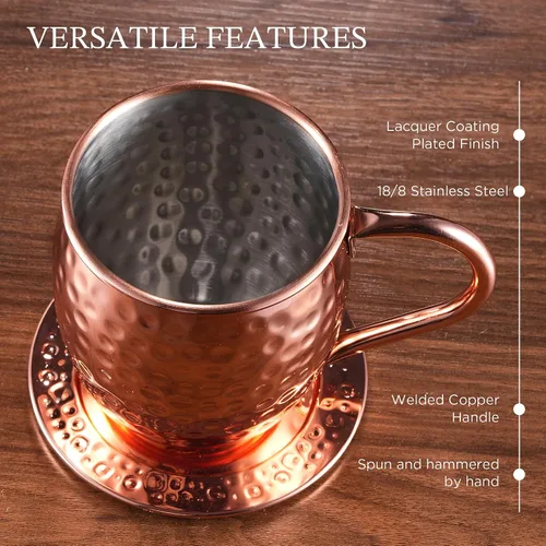 Miniatura 4 de KITESSENSU 16-PC All-in-One Moscow Mule Mugs Set, 17 oz Hammered Copper Mule Mugs Kit with Straws, Coasters, 20/40ml Jigger, Opener and Stirrer