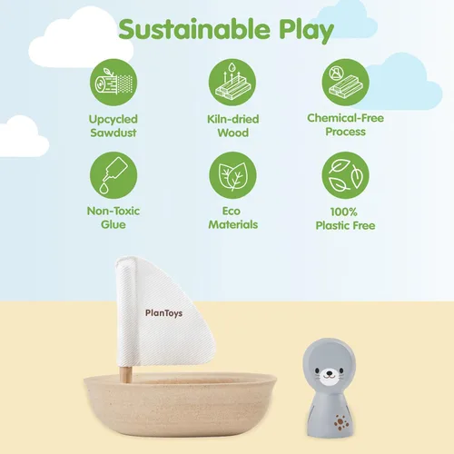Miniatura 3 de PlanToys® Juguete de barco de vela de madera con sello Juguete de agua para el baño para juego flotante, imaginación y exploración sensorial suave