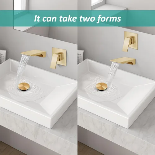 Miniatura 7 de Aolemi Grifo de baño de montaje en pared, relleno de bañera de cascada, grifo de fregadero montado en la pared de una sola manija con válvula, oro
