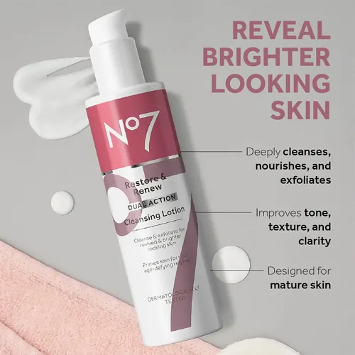 Miniatura 2 de No7 Restore & Renew Loción limpiadora de doble acción, limpiador facial y exfoliante con ácido alfa hidroxi, loción limpiadora removedor