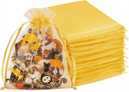 Miniatura 31 de Crweety 50 Piezas Bolsas de Organza Doradas de 3 x 4 Pulgadas, Pequeñas Bolsas de Regalo de Malla con Cordón para Favores de Boda, Despedida