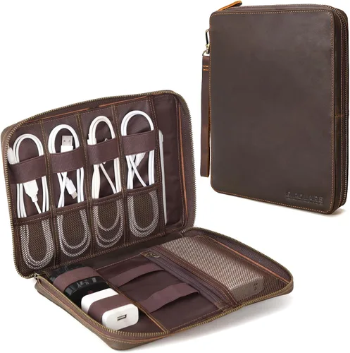 Polare - Organizador de cables de viaje de cuero de grano completo, bolsa de transporte para accesorios electrónicos con cremalleras YKK, bolsa de