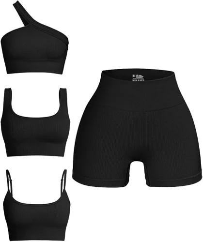 OQQ Conjunto de 4 piezas para mujer acanalado sin costuras cuello redondo brasier deportivo con un hombro descubierto pantalones cortos de cintura