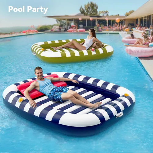Miniatura 7 de Pool Wave - Flotadores inflables para piscina con aspersor de agua, cama de bronceado grande de 80 x 66 pulgadas para adultos y niños, balsa Azul