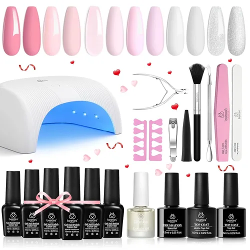 Miniatura 10 de Kit de Esmalte de Uñas en Gel Beetles con Luz UV, Gel Base y Capa Superior, Kit de Inicio de Esmalte de Uñas en 6 Colores Nude Neutros, Conjunto LED