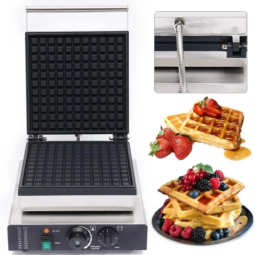 Miniatura 2 de Máquina de gofres antiadherente, 2000 W, de acero inoxidable, rectangular, belga con control de temperatura y tiempo, para restaurante, panadería