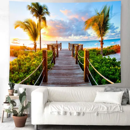 Miniatura 4 de Delur Tapiz de playa y puesta de sol tropical, palmera, costero, tapiz para colgar en la pared, paisaje natural, cabecero psicodélico escénico