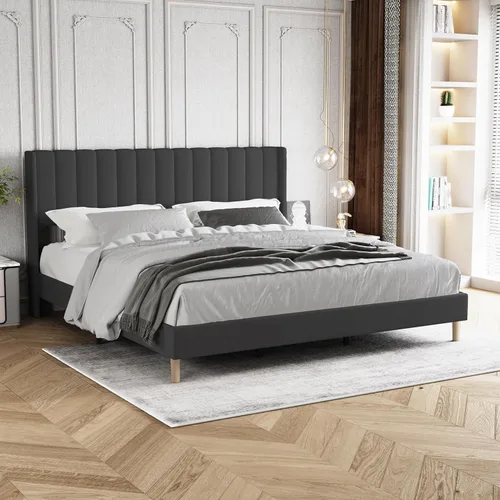 Miniatura 8 de Marco de Cama Tapizada de Plataforma Tamaño Full con Cabecero, Soporte de Listones de Madera Resistentes, No Necesita Somier, Montaje Fácil, Beige