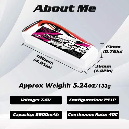 Miniatura 3 de CNHL Batería Lipo 2S 2200mAh 40C 7.4V con enchufe en T para coche a control remoto, camión, carreras, buggy, barco, vehículos RC (2 paquetes)