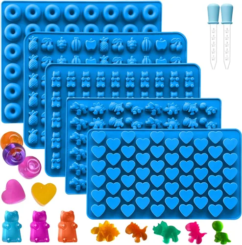 Sidosir 7 Moldes para Dulces de Goma, Moldes de Ositos de Goma/Dinosaurio/Fruta/Dona/Corazones, Molde de Silicona Antiadherente para Dulces y
