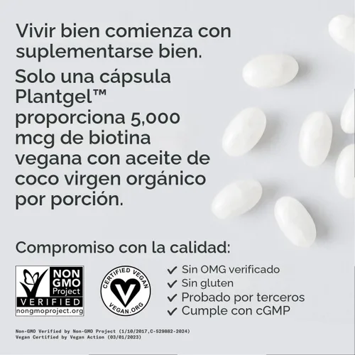 Miniatura 3 de Biotin (alta potencia) 5000 mcg por cápsula vegetariana; mejorada con aceite de coco para una mejor absorción; favorece el crecimiento del cabello