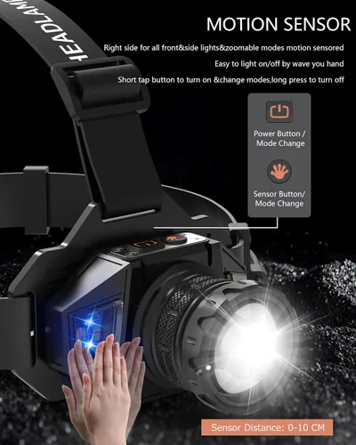 Miniatura 4 de Linterna frontal recargable con zoom y luz lateral roja, 4000LM con sensor de movimiento, luces de 3 colores, IP65, impermeable, 90°, ajustable