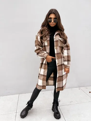 Miniatura 4 de Yousify Chaqueta larga con solapa a cuadros para mujer cepillada con botones y bolsillos