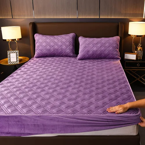 Miniatura 11 de Sábana de cama de calidad de hotel, funda protectora de colchón de terciopelo cristalino grueso cálido de color puro para camas individuales, Azul