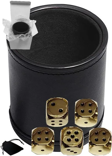 Miniatura 12 de Cyber-Deals Juego de dados de piel sintética negra con forro de fieltro negro de felpa + dados de metal de aleación de zinc de 0.630 pulgadas, caja