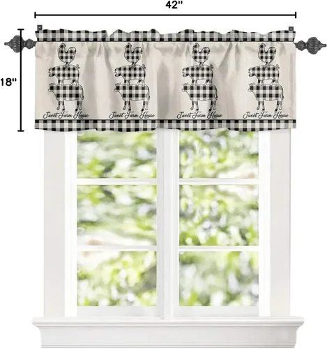 Miniatura 8 de Cortina de cenefas de animales a cuadros para cocina, cafetería, búfalo, vaca, cerdo, pollo, cortinas cortas de 42 x 18 pulgadas con bolsillo