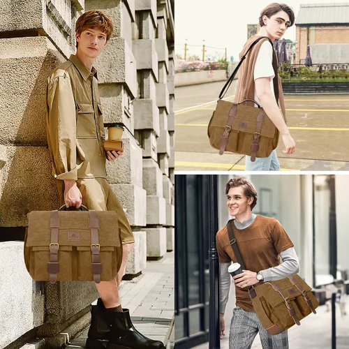 Miniatura 2 de Bolsa tipo mensajero para hombre, bolsa para laptop de 15.6 pulgadas, bolsa vintage de lona encerada, resistente al agua, maletín de cuero