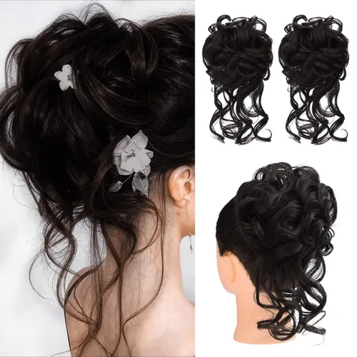 Miniatura 35 de HOOJIH 2 piezas de moño despeinado, recogido despeinado con mechones, extensiones de moño de cabello ondulado rizado, envoltorio de cabello, cola