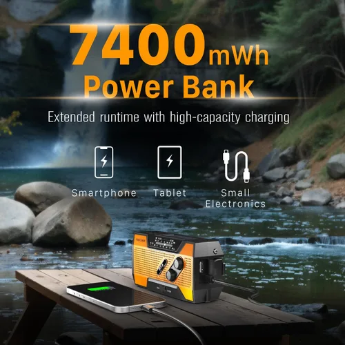 Miniatura 4 de FosPower NOAA Radio meteorológica de emergencia A1 7400 mWh, banco de energía portátil, AM/FM, USB/solar/carga de manivela, funciona