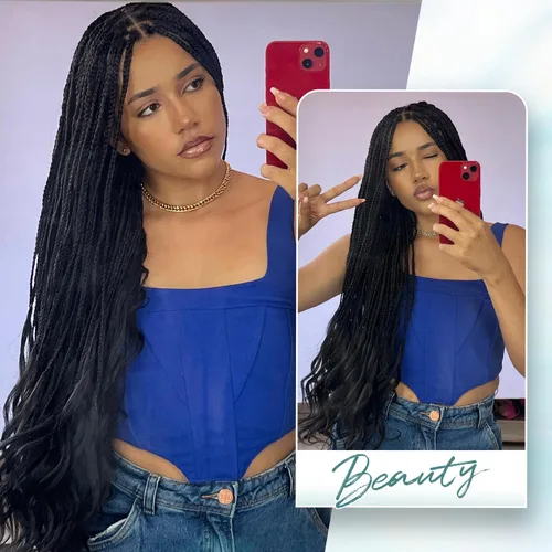 Miniatura 6 de Pelucas trenzadas de encaje completo, sin nudos, trenza, peluca de extremos rizados para mujeres negras, 28 pulgadas, cuadrada, trenzada, encaje