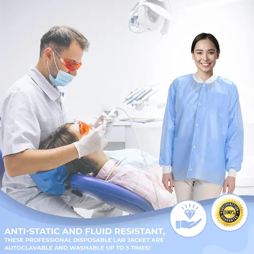 Miniatura 48 de Paquete de 10 chaquetas desechables de laboratorio, chaqueta médica reutilizable hasta la cadera, unisex, con puños de punto y bolsillos