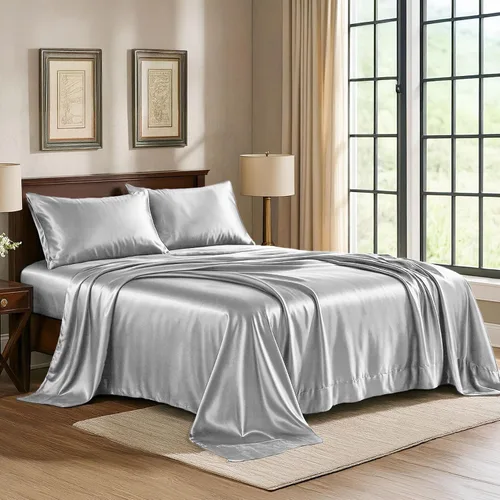 Pure Bedding Sábanas de satén individuales [3 piezas, plateadas] Juego de sábanas sedosas de lujo para hotel, juego de sábanas de microfibra extra