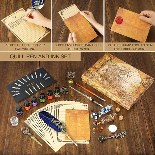 Miniatura 6 de Juego de pluma estilográfica y tinta, con pluma estilográfica, pluma de madera, pluma de vidrio, 6 botellas de tinta, papel de 16 letras, 2 sobres