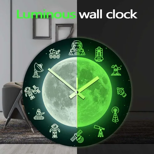 Miniatura 3 de The Geeky Days Reloj de pared que brilla en la oscuridad, diseño de luna de viaje espacial de 12 pulgadas, moderno, luminoso, silencioso y luminoso