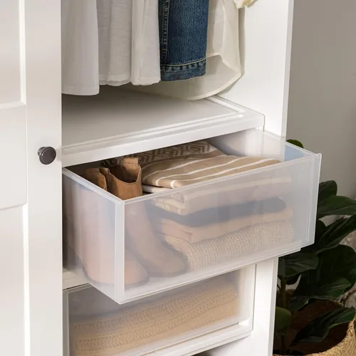 Miniatura 5 de IRIS USA Cajón de almacenamiento apilable extragrande de 47 cuartos de galón, organizador de cajones de plástico con puertas transparentes