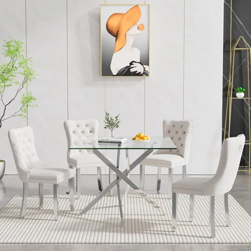 Miniatura 2 de Juego de 4 mesas de comedor de cristal para 4, juego de 4 mesas y sillas de cocina modernas, juego de mesa de comedor de cocina de 5 piezas con mesa