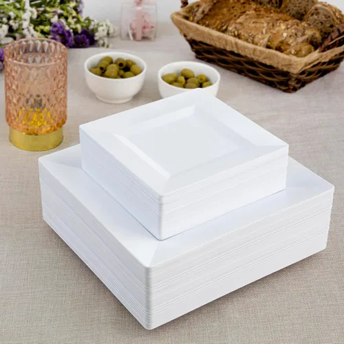 Miniatura 3 de SETUP Juego de vajilla de plástico cuadrado blanco de 60 piezas, 30 platos de cena de 9.5 pulgadas y 30 platos de ensalada de 6.5 pulgadas, Platos