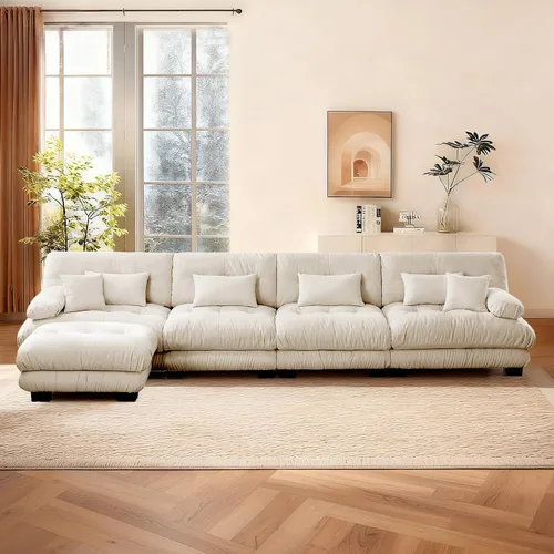 Miniatura 98 de Reposapiés Otomano Tapizado de Terciopelo con Cojín para Sofá Seccional Sofá 300 libras para Sala de Estar (Beige)