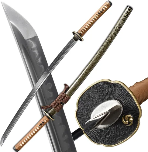 Miniatura 9 de Espada Katana Samurai, templada en arcilla, acero T10, Hamon real, espada completa Full Tang, hecha a mano, samurái, extremadamente afilada