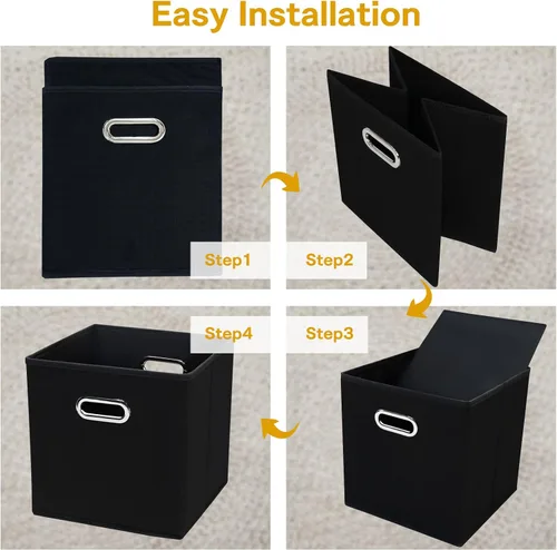 Miniatura 5 de Contenedores de almacenamiento plegables de 11 pulgadas, cubos de tela negra con asa para armario o caja plegable, juego de 2 unidades de 11 x 11 x