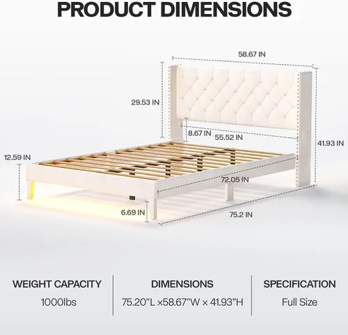 Miniatura 2 de Lihimte Marco de cama tamaño matrimonial con luces LED, base de cama plataforma tapizada en terciopelo con cabecero y estribo abotonado, soporte