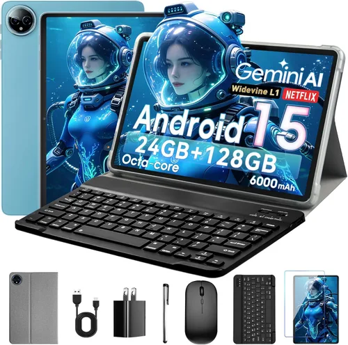 Tablet de 10 pulgadas, Android 15 con 24 GB de RAM + 128 GB de ROM (1 TB expandible), Octa-Core, pantalla táctil IPS HD de 1280 x 800, cámara dual